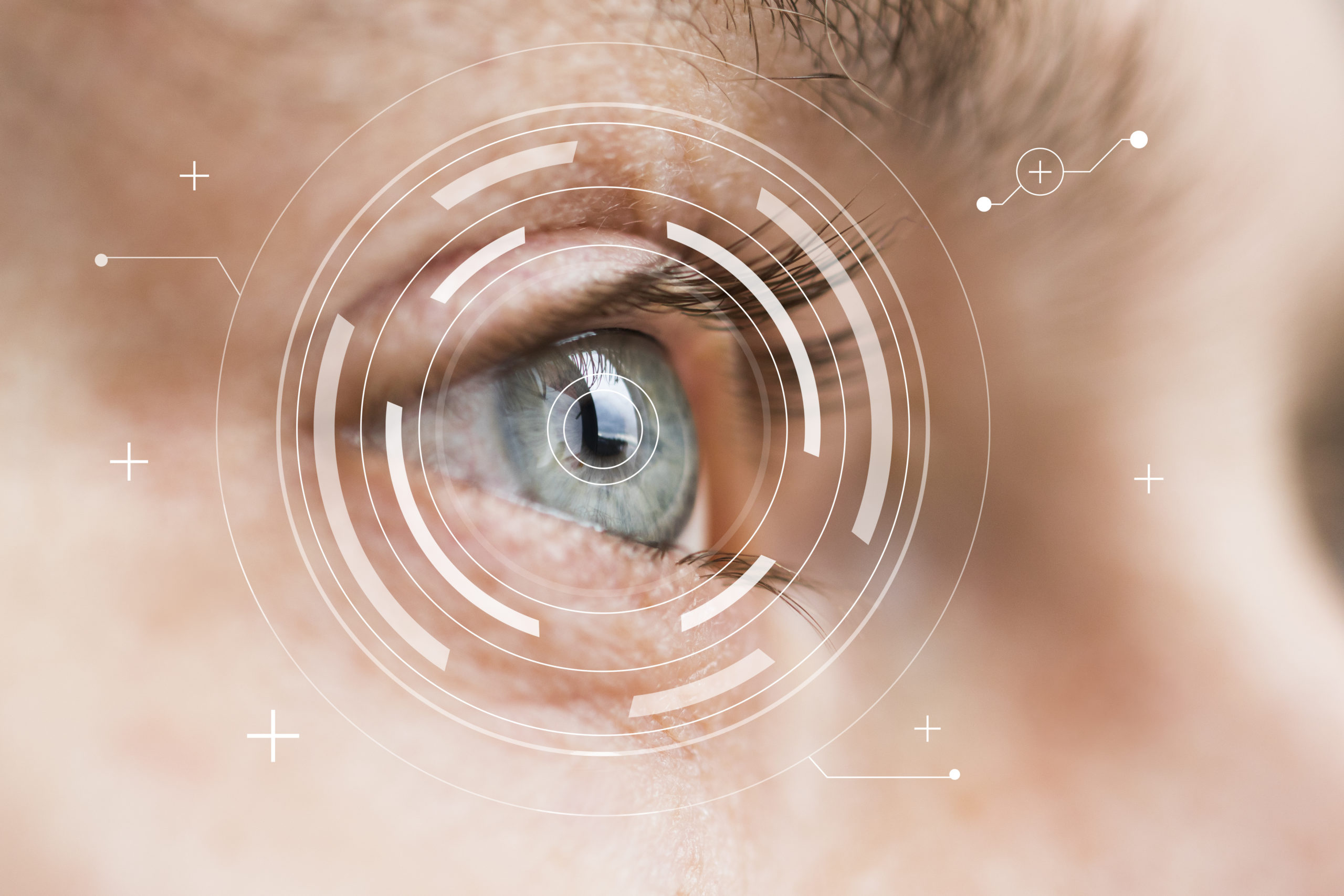 Eye monitoring and treatment in medical. Biometric scan of male eye closeup.